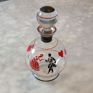 Vintage Clear Glass Decanter with Red Hearts and Black Dance Couple